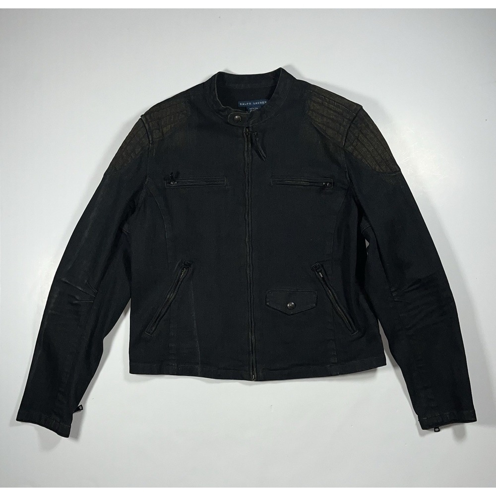 Ralph Lauren Blue Label Moto Jacket Women's XL Black Patches Biker Motorcycle